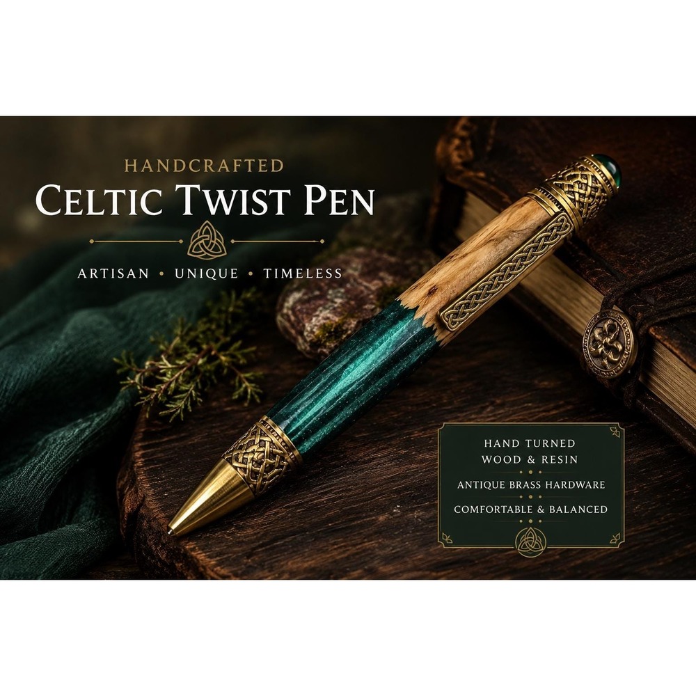 Hand Crafted Celtic Twist Pen with a Hand-Turned Green Hybrid Burl Mallee body